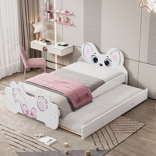 Twin Size Platform Bed with Trundle Bed & Cartoon Headboard, White