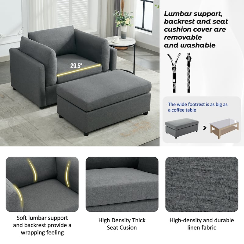 Modern Oversized Armchair with Ottoman, Single Sofa with Lumbar Support, Accent Chair, Reading Chair for Bedroom, Living Room