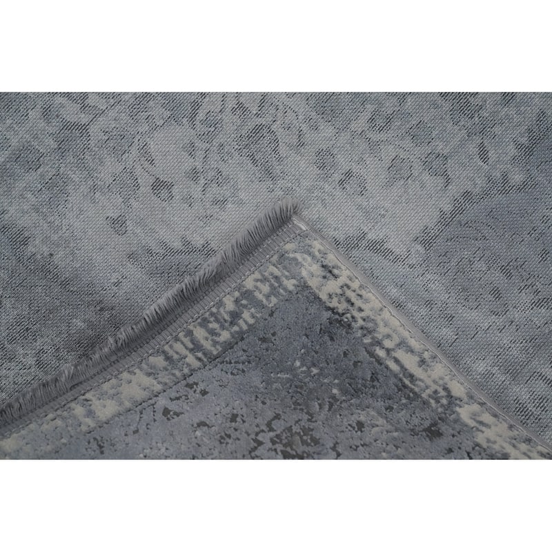 Machine Made Oriental Polyester Carpet Traditional Floral Greys & Charcoal Tabriz Area Rug - 7' 5'' X 5' 2''
