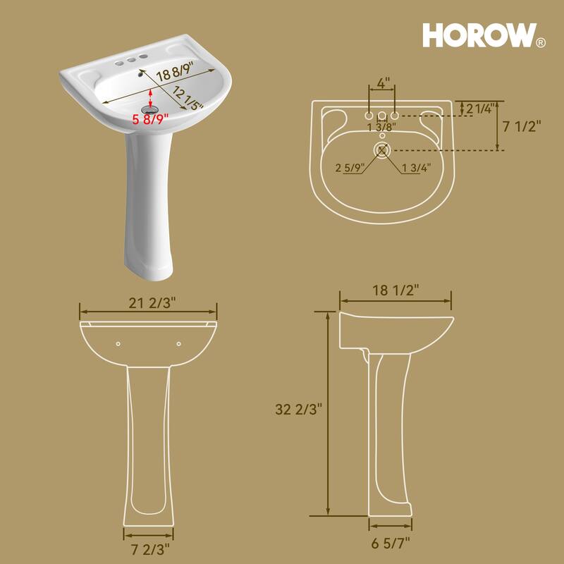 HOROW 21.7 in. W x 18.5 in. D Round Ceramic Pedestal Combo Bathroom Sink in White with Overflow Drain