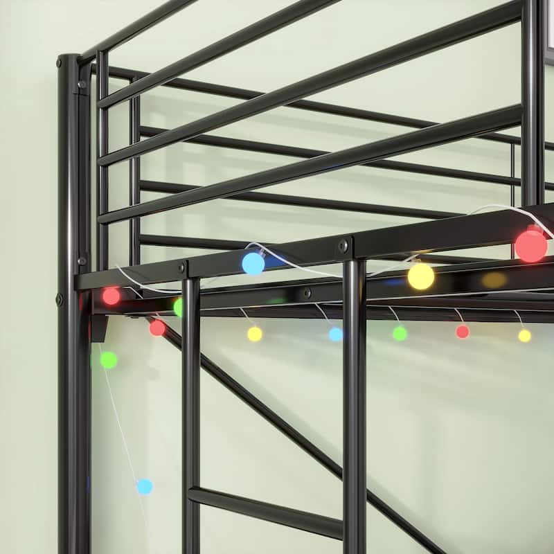 Twin Metal Loft Bed with Built-In Desk, LED Lighting, Power Outlets & USB Ports, Safety Guardrails, Dual Ladders
