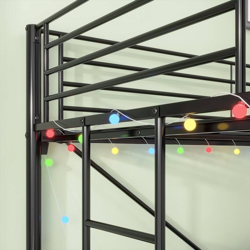 Twin Metal Loft Bed with Desk, Power Outlet, LED Lights, Safety Guard Rails, and Ladder, Black