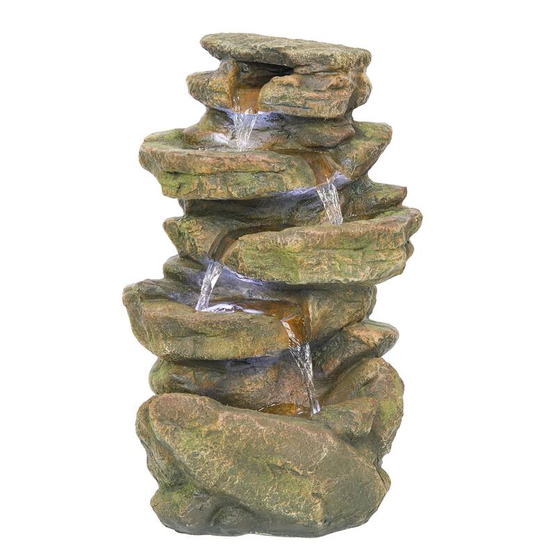 20" Rock Fountain w/ LED, Cascading Outdoor Feature, Brown