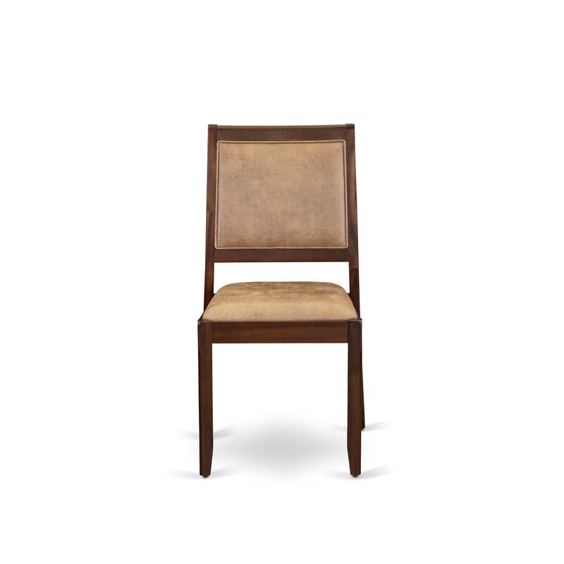 East West Furniture Dining Table Set consists of a square Table and stackable Chair, Antique Walnut (Pieces & Seat Options)