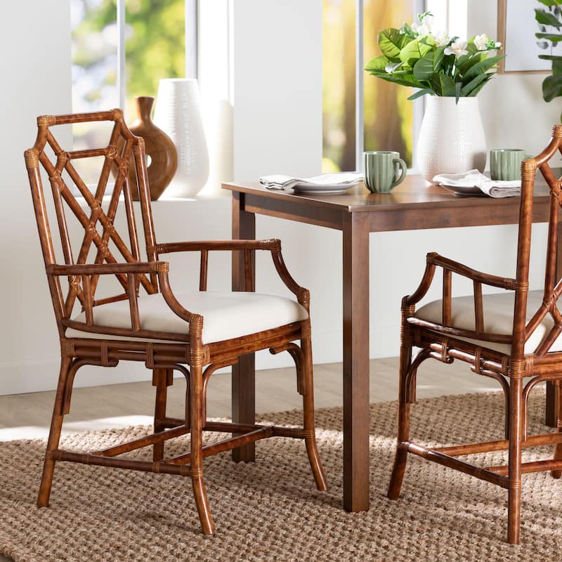 Esmery Marbled Tortoise Natural Rattan Dining Chair - Handcrafted Wicker Armchair with Crisscross Back, Boho Coastal Seating