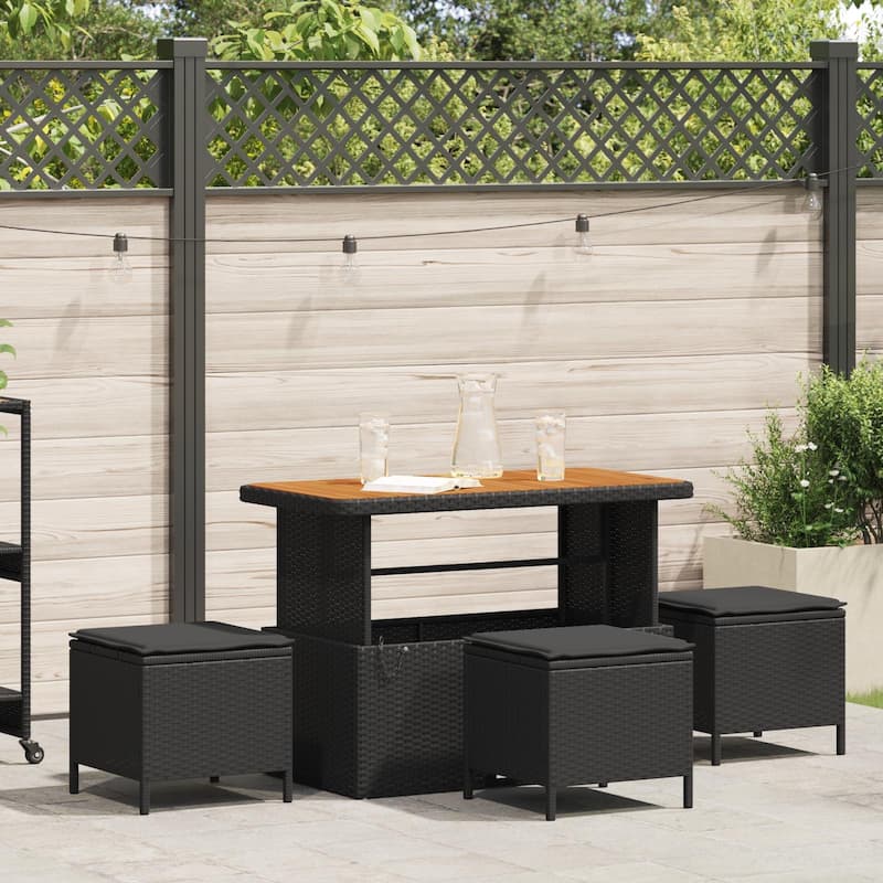 vidaXL 3/4 Piece Garden Dining Set with Cushions Black Poly Rattan Acacia - Black 43.3 in 3 Stools