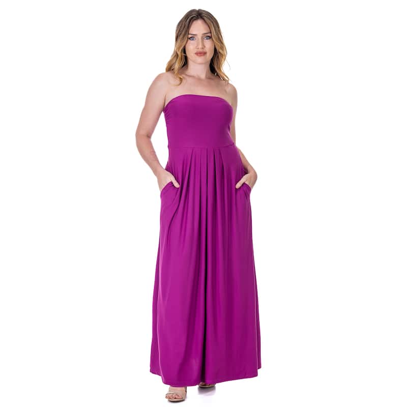 24seven Comfort Apparel Womens Pleated A Line Strapless Maxi Dress With Pockets - Pink - XL
