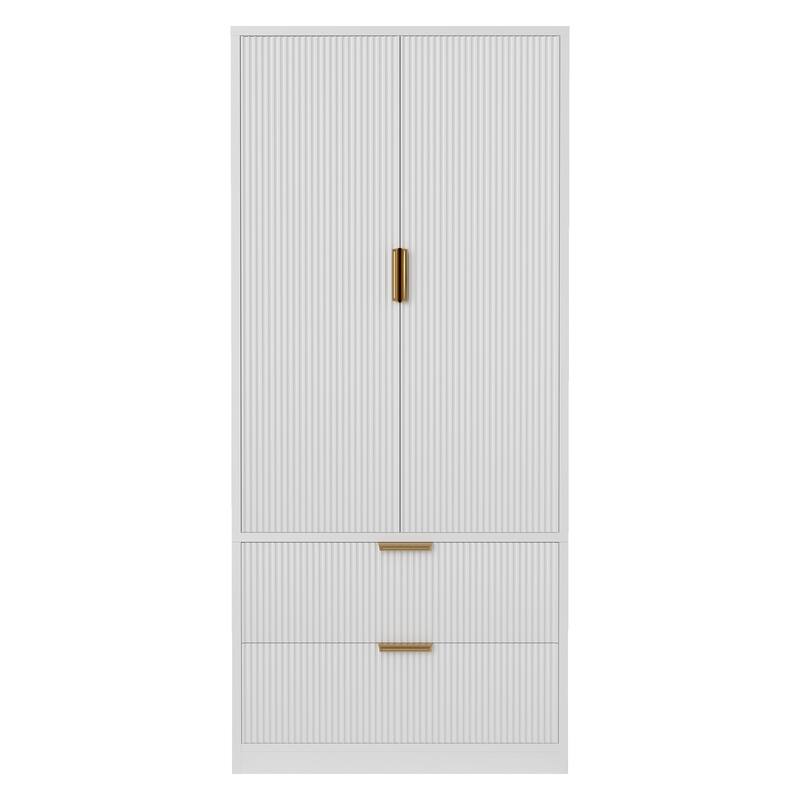 Meyreso Fluted Armoire Wardrobe Closet Storage Cabinet with 2 Doors & 2 Drawers - N/A