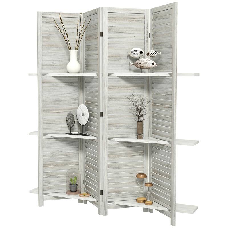 78.75" Wide 5-Panel Foldable Paulownia Wood Room Divider Screen with Built-In Shelves - 78.75" L x 67" H x 0.75" T - Distressed-White