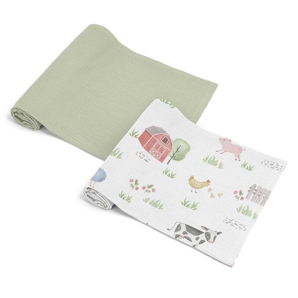 slide 2 of 6, Sweet Jojo Designs Farm Animals Boy Girl Unisex/Gender Neutral 2 Pack 100% Cotton Muslin Baby Swaddle Receiving Blankets - Barn