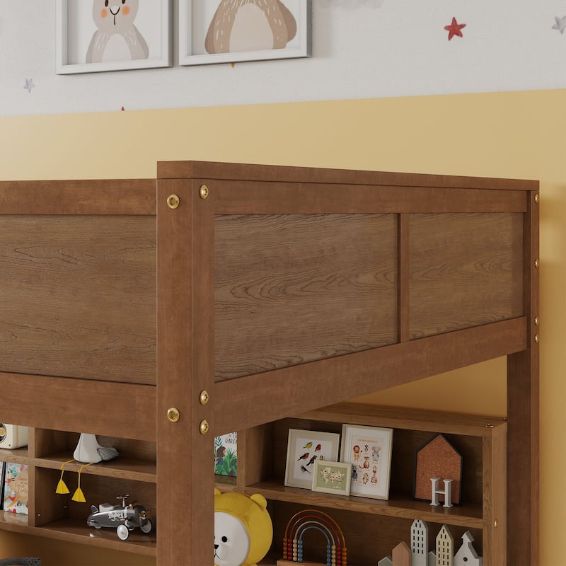 Queen Over Queen Size with Underbed Storage Bookcase and Charging Station, Wood Bunk Bed Frame with Panel Guardrails and Ladder