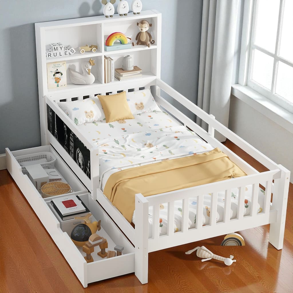 Twin/Full Solid Wood Platform Bed with Chalkboard Headboard, Storage Drawers and Shelves, Space-Saving Kids Bed