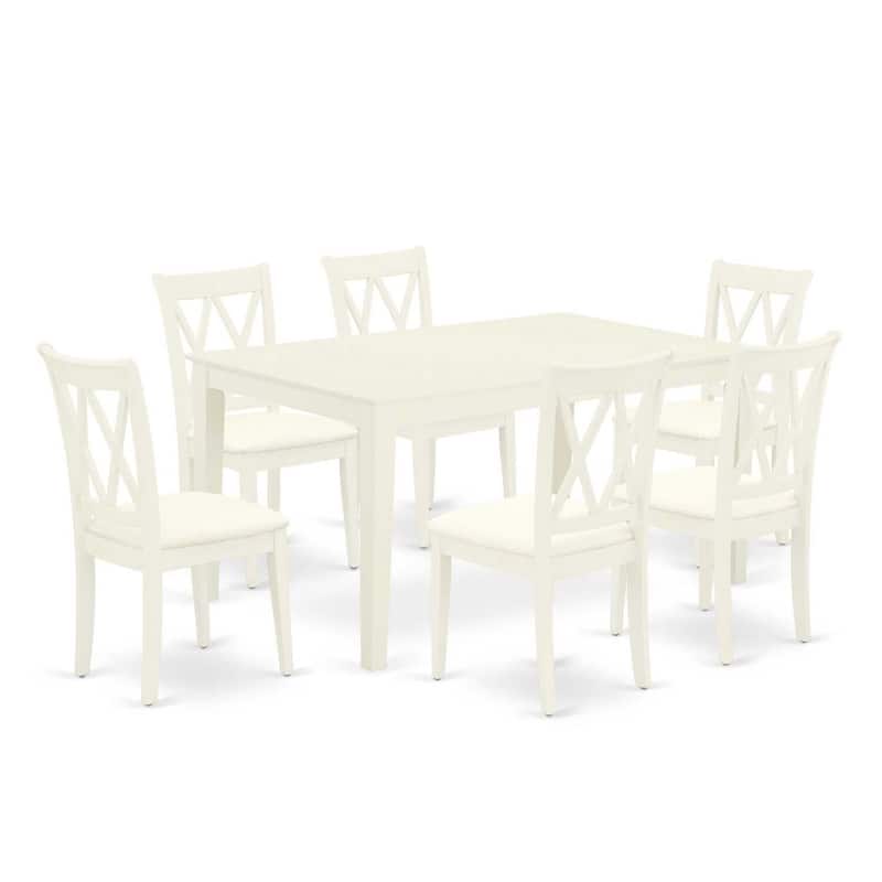HomeStock 7-Piece Rectangle Linen White Finish Solid Wood Top Dining Table with 6-Chairs with Cross Back