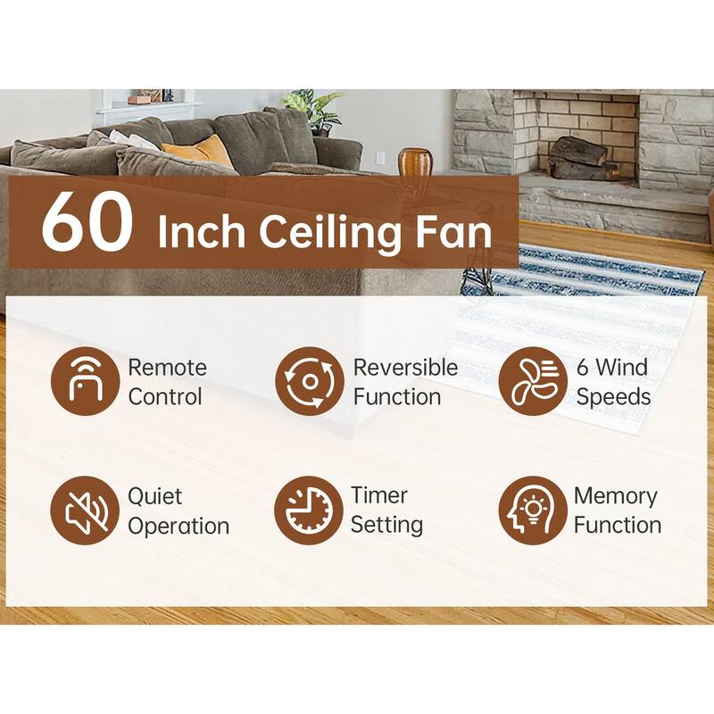 52''/60" Large Ceiling Fan without Lights, Remote Control and Reversible Motor Included, Smart Optinal