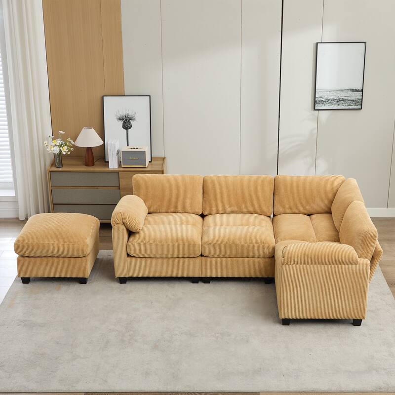 5-Seater Corduroy Sectional Sofa, Removable Ottoman, Modular Design