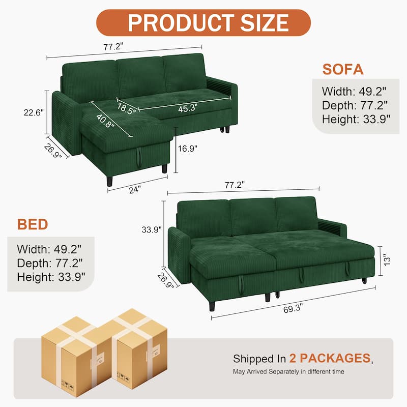 Futzca 3-in-1 Convertible Corduroy Sofa Bed with Storage, L-Shaped Sectional Couch