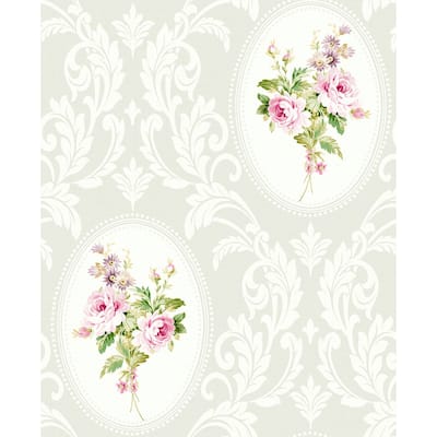 Seabrook Designs Francesca Framed Bouquet Damask Unpasted Wallpaper