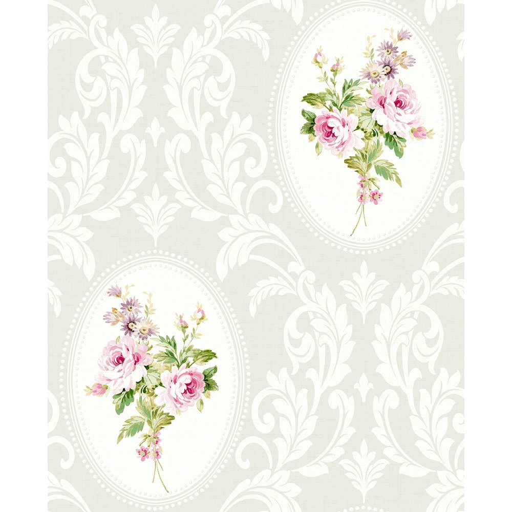 Seabrook Designs Francesca Framed Bouquet Damask Unpasted Wallpaper