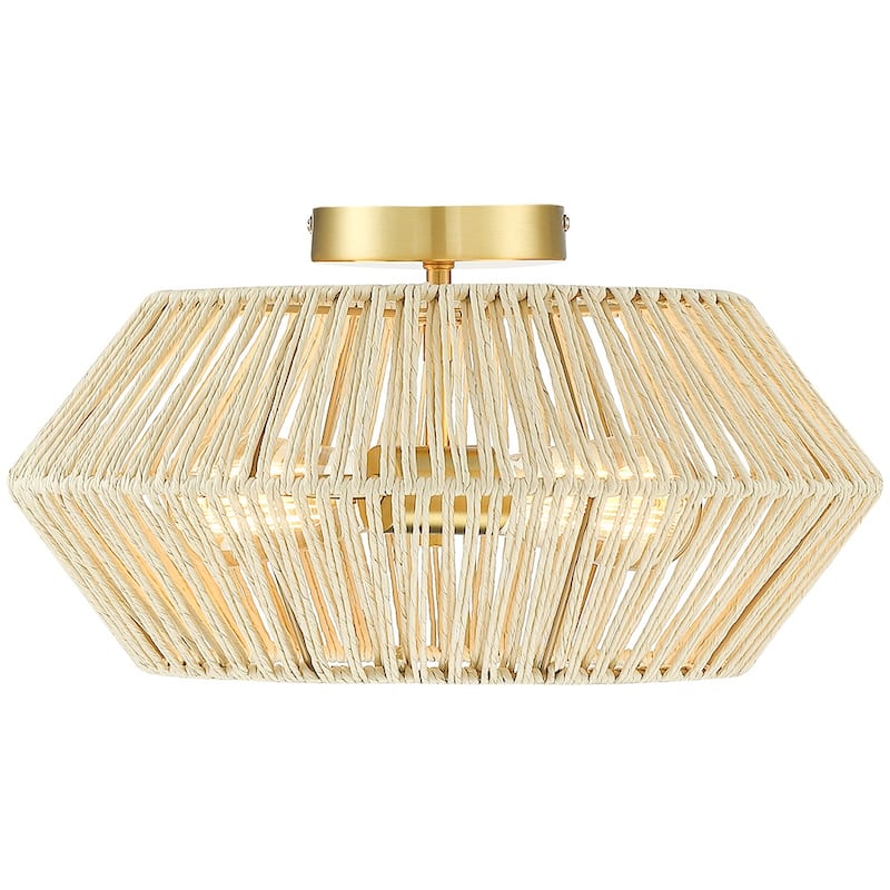 2-Light Bohemian Woven Rope Semi-Flush Mount Ceiling Light - D16"x H8.7" - Brass/Beige - 16 in. W