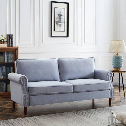 Eucalyptus Wood Modern Linen 3-Seat Sofa with Rolled Arms and Solid Robber Legs