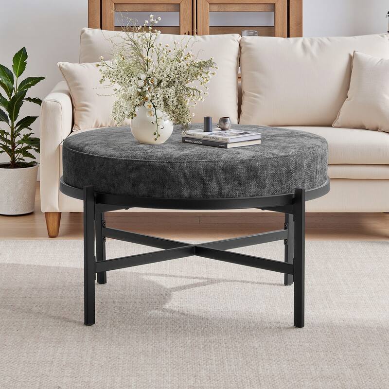 Chenille Fabric Round Ottoman, Coffee Table Bench with Metal Legs