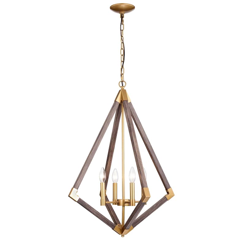 Kara Matte Gold+Wood Grain 4-Light Geometric Chandelier