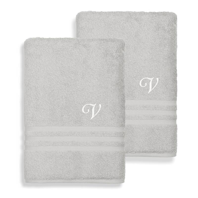 Authentic Hotel and Spa Omni Turkish Cotton Terry Set of 2 Grey Bath Towels with White Script Monogrammed Initial - V