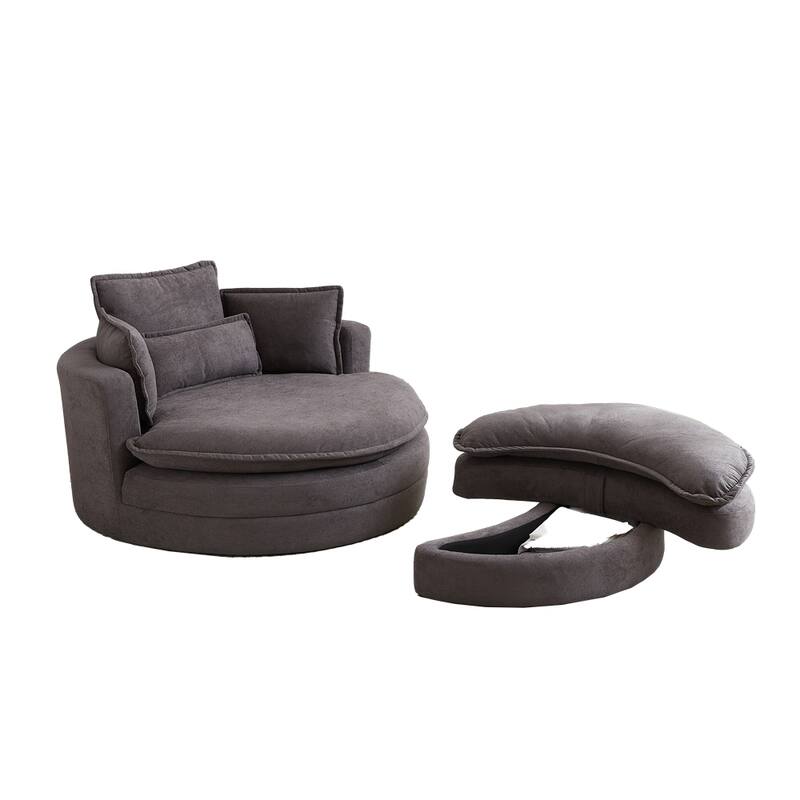 52" Swivel Fabric Big Round Chair with Storage Ottoman and Pillows
