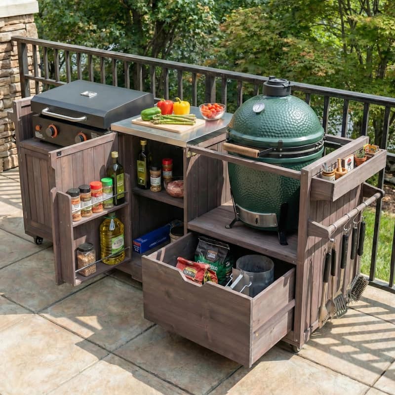 80.5"Kitchen Island,Solid Wood Grill Cart with Stainless Steel Top,Drawer for Large Big Green Egg and 21"/28"Blackstone Griddle