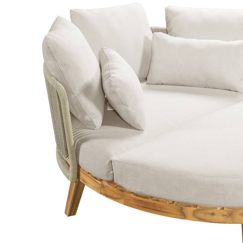 Christopher Knight Home - Martin 60" Outdoor Round Acacia Wood Daybed with Handwoven Rope Backrest & Cushions