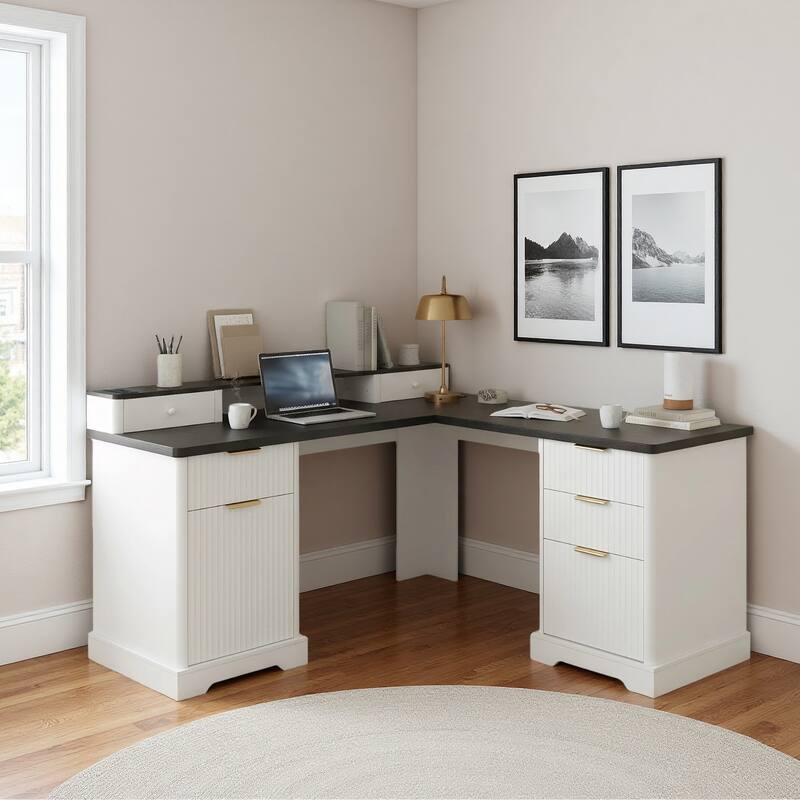 59” L Shaped Desk with Charging Station,Executive L Shaped Desk with Drawers and Storage Cabinet & Monitor Stand,Corner Desk