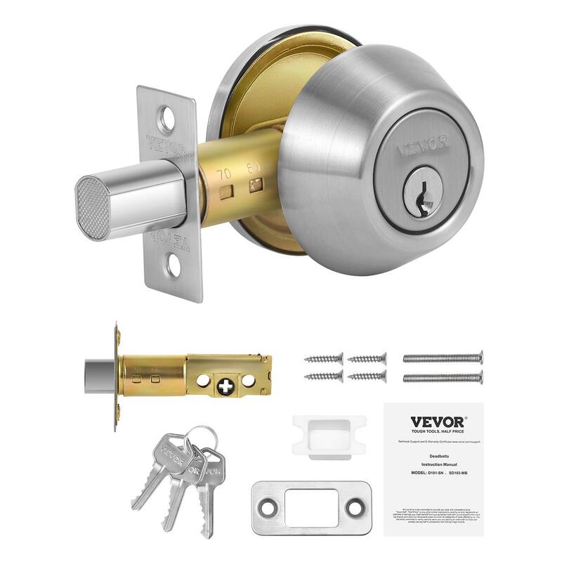Round Single Cylinder Deadbolt Lock Satin Nickel 3 Keys for Doors - 2.56 x 2.56 x 2.83 in - Silver