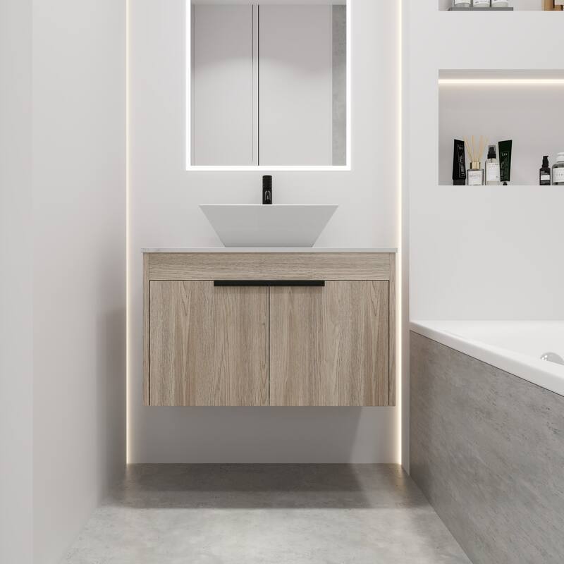 Wall-Mounted Bathroom Vanity in White Oak with White Ceramic Vessel Sink - 30" x 19"
