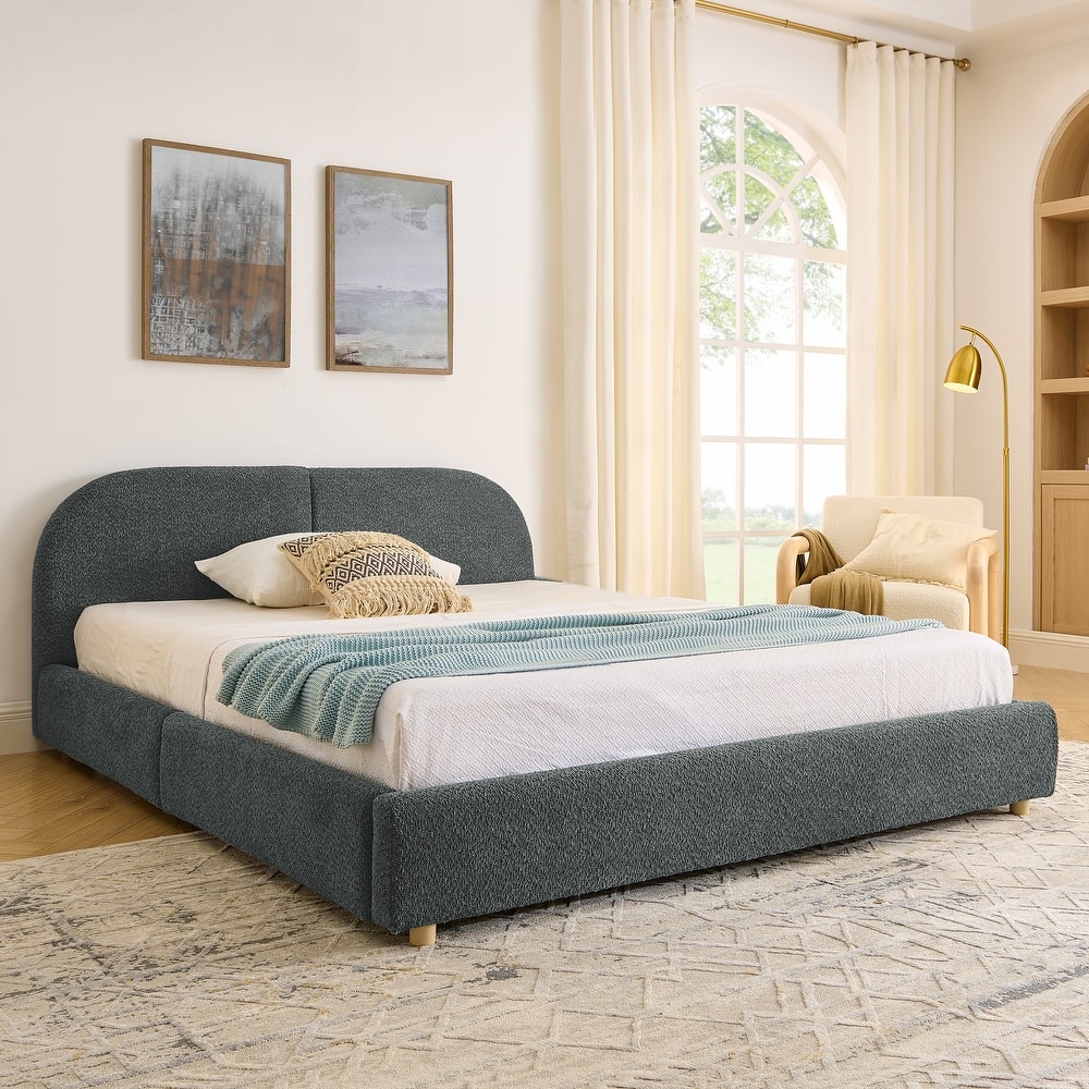 Fabric Upholstered Platform Bed Frame with Curved Headboard/4 Built-in Wheeled Storage Drawers/Sturdy Legs Support/Easy Assembly