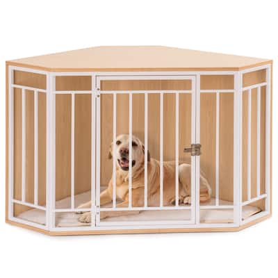 Corner Dog Crate with Cushion, Wood Dog Kennel with White Iron Fence, Dog House, Pet Crate Indoor, Dog Bed, Puppy - N/A
