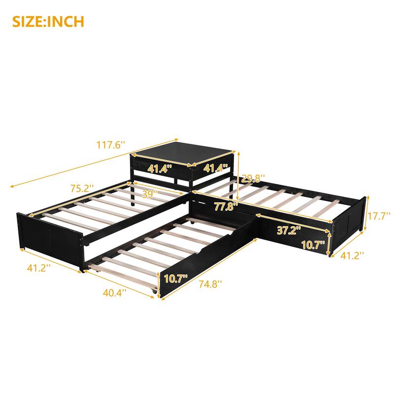L-Shaped Twin Platform Beds with Trundle & Table, Versatile 3 Wood Corner Bedframe in 1
