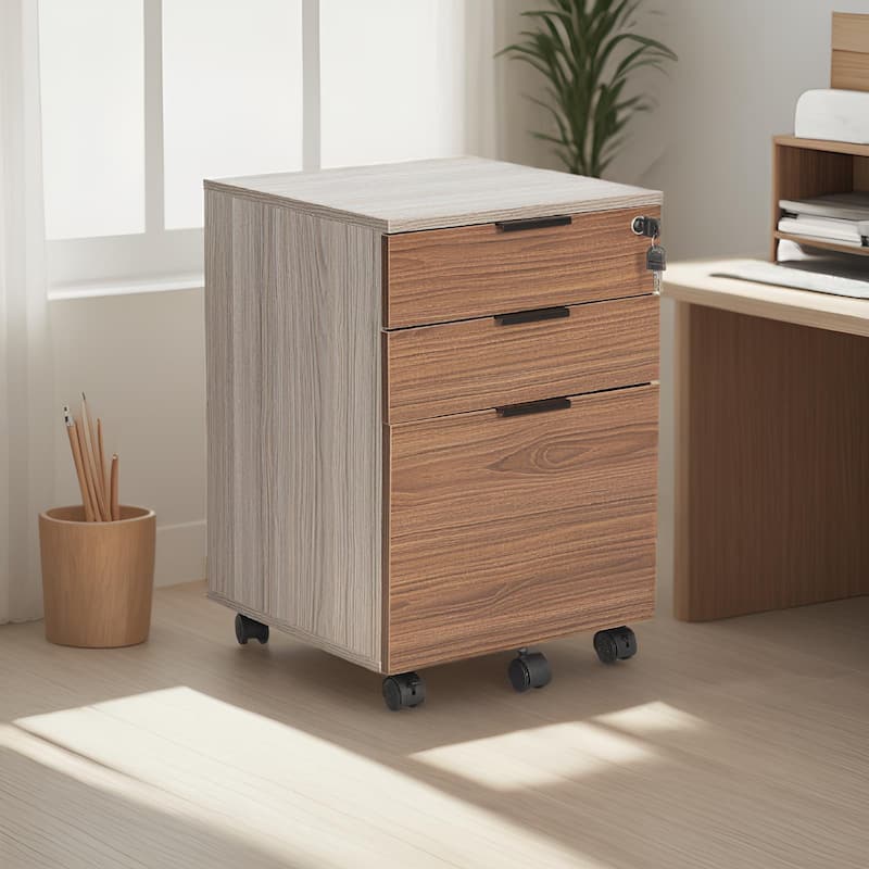 JJS 3 Drawer Rolling File Cabinet Wooden Storage with Lock & Wheels - Brown Drawer