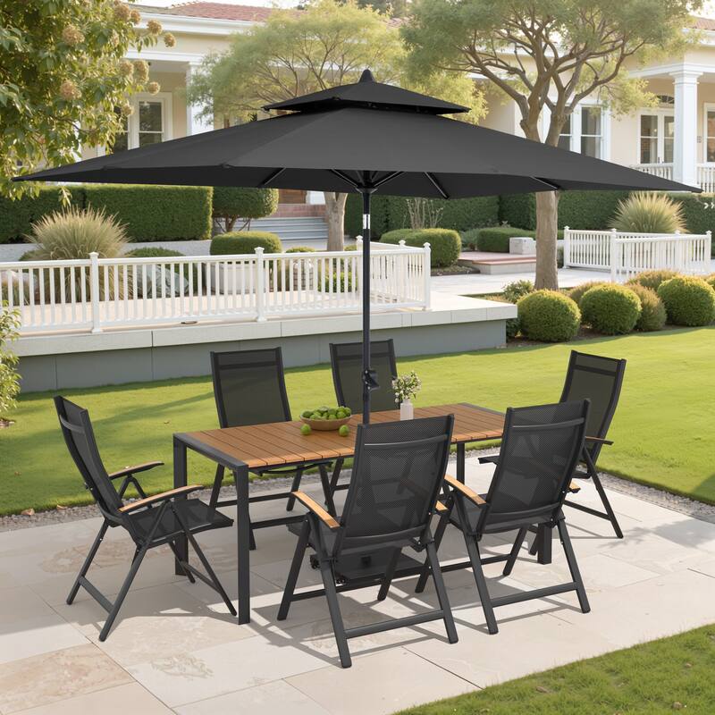 9/11-Piece Outdoor Patio Dining Set Aluminum Dining Table and Chairs w/10 ft Market Umbrella and Base with Wheels - Set of 9 - Brown Table with Black Umbrella