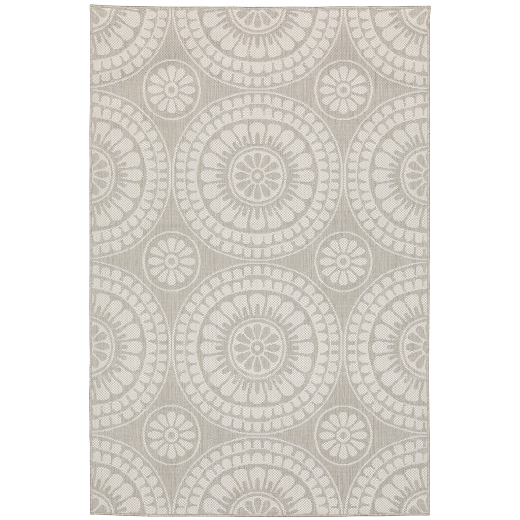 Oxnard Grey Ivory Geometric Circles Outdoor Casual Area Rug