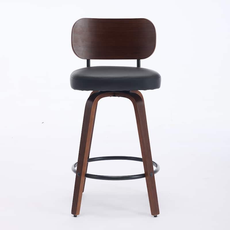 Set of 2 Swivel Bar Stools‌ – 26" faux leather seats, walnut backs & bentwood legs. Mid-century modern style for kitchen islands
