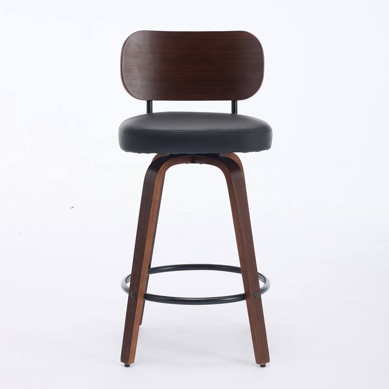 Set of 2 Upholstered Faux Leather Counter Height Swivel Bar Stools with Walnut Back and Bentwood Legs