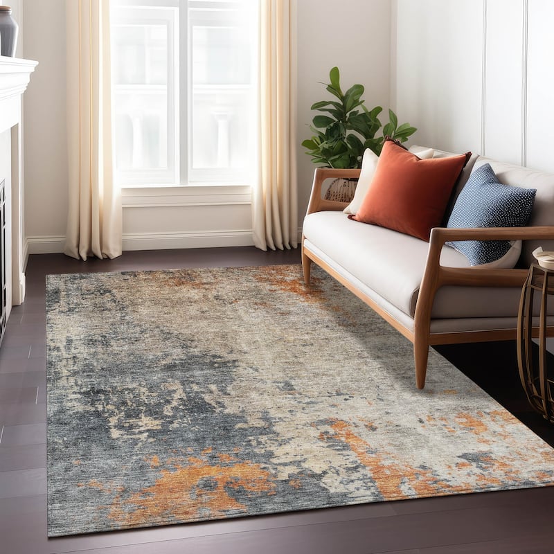 Machine Washable Indoor/ Outdoor Abstract Contemporary Chantille Rug