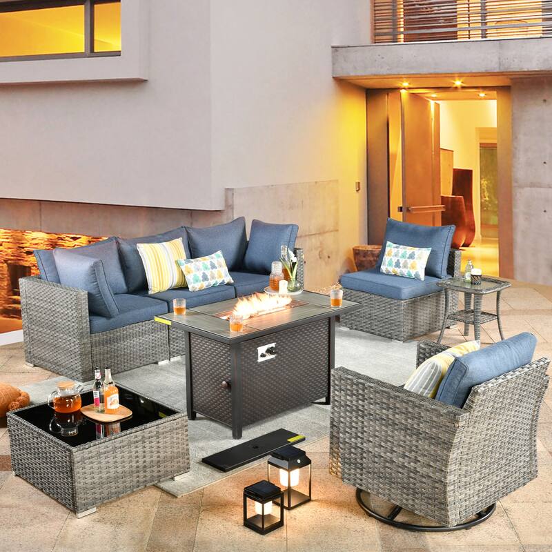 XIZZI 8-piece Patio Outdoor Wicker Furniture Swivel Chair Set with Firepit Table - Denim Blue