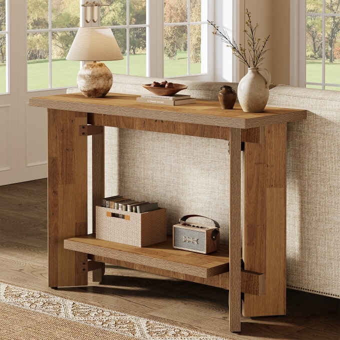 Rustic 2-Tier Console Table, 41-Inch Narrow Entryway table with Shelf - Brown