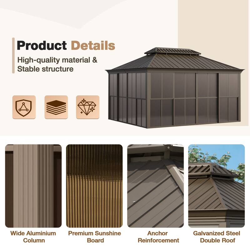 Hardtop Gazebo with Double Steel Roof, Sliding/Lockable Doors & Screens - All-Season Rustproof Aluminum Frame，Advanced Drainage