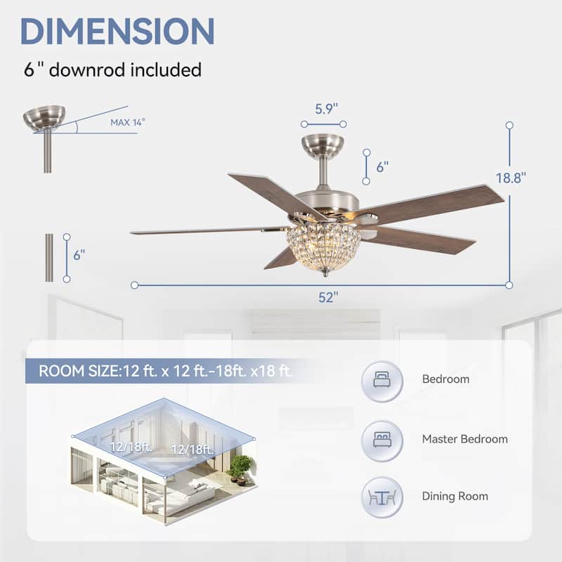 52" Modern 5-Blade Chandelier Ceiling Fan with Light and Remote