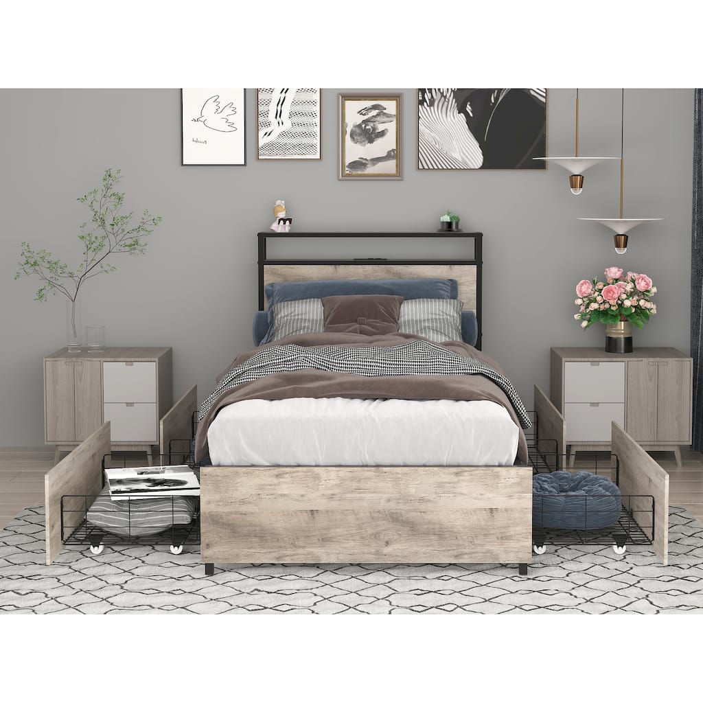 Storage Twin Bed Frame with Charging Station, LED Lights, and Easy Assembly