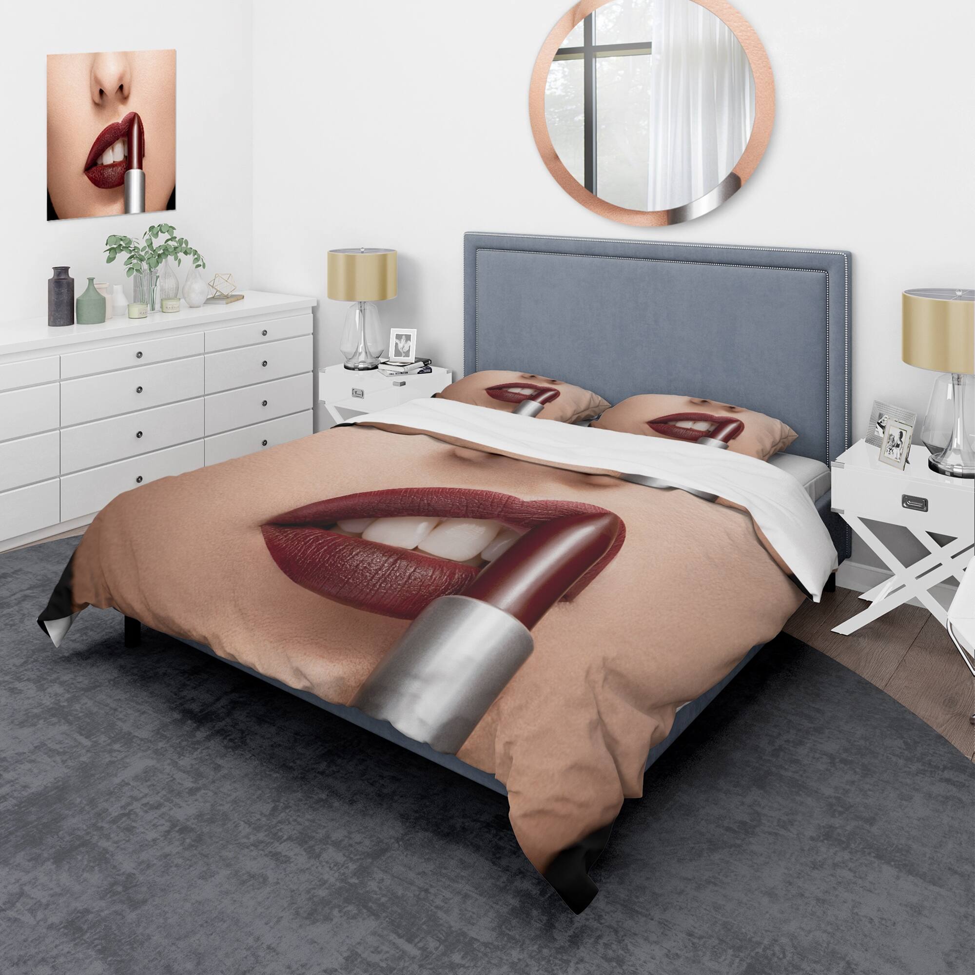 Designart 'Woman Applying Red Lipstick On Lips' Modern Duvet Cover