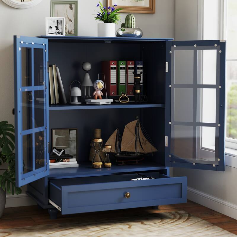 Buffet Cabinet with Double Glass Doors and Drawer, Modern Wooden Storage Sideboard Cupboard for Living room, Dining Room
