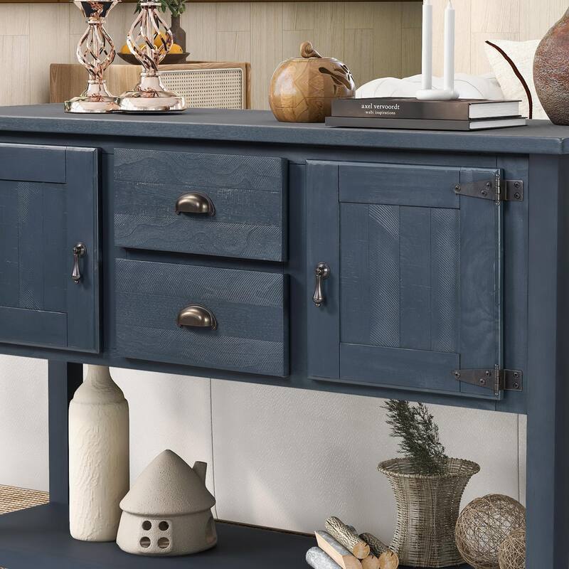 Retro 48 Inch Solid Wood Console Sideboard - 2 Drawers & Cabinets, Navy Blue